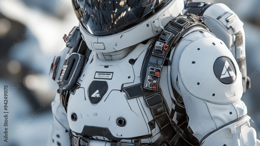 Futuristic Spacesuit Close Up with White Black and Red Details Futuristic Spacesuit Close Up with White Black and Red Details