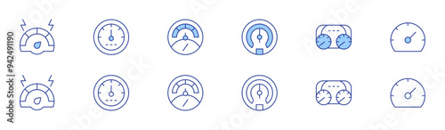 Speedometer icon set in two styles, Duotone and Thin Line style. Editable stroke. boost, car dashboard, performance, speedometer, metering