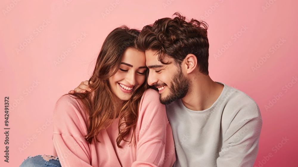 Ultra-clear photograph of a husband and wife couple sitting close together on a solid color background Ultra-clear photograph of a husband and wife couple sitting close together on a solid color background