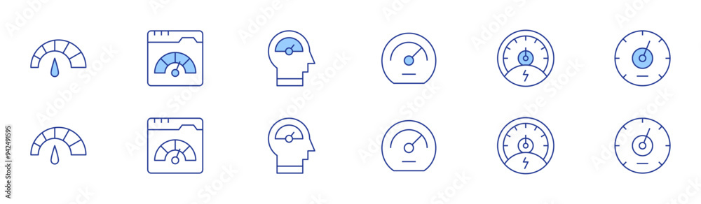Speedometer icon set in two styles, Duotone and Thin Line style. Editable stroke. speedometer, web, quick thinker Speedometer icon set in two styles, Duotone and Thin Line style. Editable stroke. speedometer, web, quick thinker