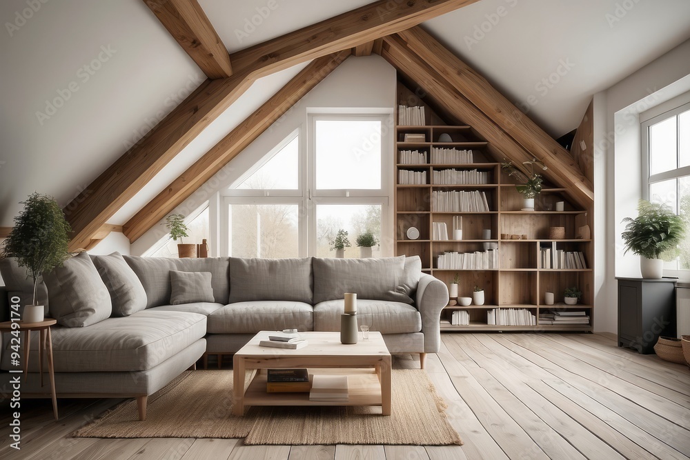 Naklejka premium Modern Living Room with Exposed Wooden Beams and Large Windows