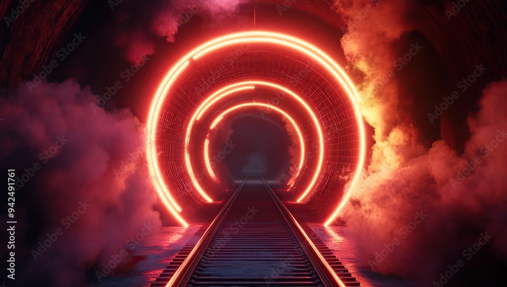a neon circular tunnel with a train track running through it, red and orange lighting, smoke around the edge a neon circular tunnel with a train track running through it, red and orange lighting, smoke around the edge