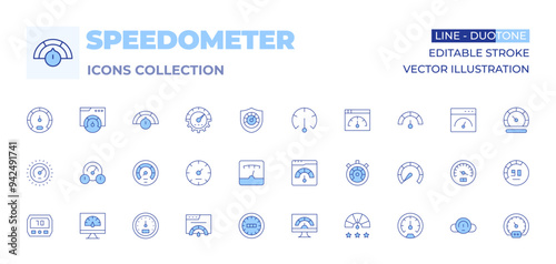 Speedometer icons collection. Line Duotone style, editable stroke. speedometer, warning, difficulty, efficiency, performance, speed, fuel, speedtest, dashboard, rating, site