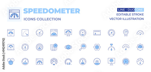 Speedometer icons collection. Line Duotone style, editable stroke. speedometer, website, dashboard, optimization, performance, speedtest, gauge, measuring