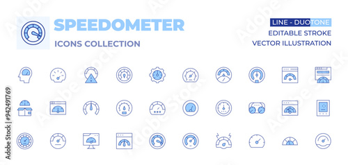 Speedometer icons collection. Line Duotone style, editable stroke. speedometer, speed limit, boost, car dashboard, speedtest, performance, dashboard, internet, optimization, metering, gauge