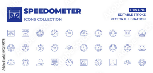 Speedometer icons collection. Thin Line icons, editable stroke. speedometer, gas, slow, fast, boost, odometer, speed, website, difficulty, barometer, speedtest, coding