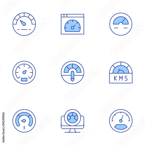 Speedometer icons set. Line Duotone style, editable stroke. performance, speedometer, lowenergy, racetrack, speedtest, power