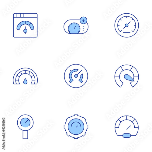 Speedometer icons set. Line Duotone style, editable stroke. speedometer, speed, barometer