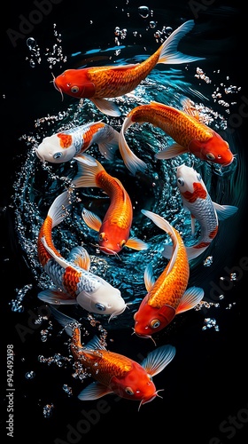 Stunning koi fish swimming gracefully in water, showcasing vibrant colors and dynamic movement in a serene aquatic setting. photo