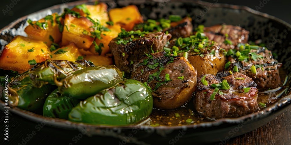 Broiled Green Peppers Bathed in Broth Accompanied by Meat and Potatoes Broiled Green Peppers Bathed in Broth Accompanied by Meat and Potatoes