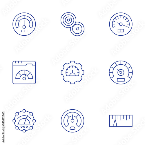 Speedometer icons set. Thin Line style, editable stroke. speedometer, performance, web, bandwidth