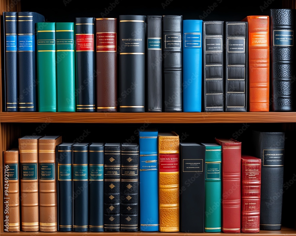 Fototapeta premium A neatly organized shelf filled with colorful hardcover books, showcasing diverse styles and designs for book lovers.