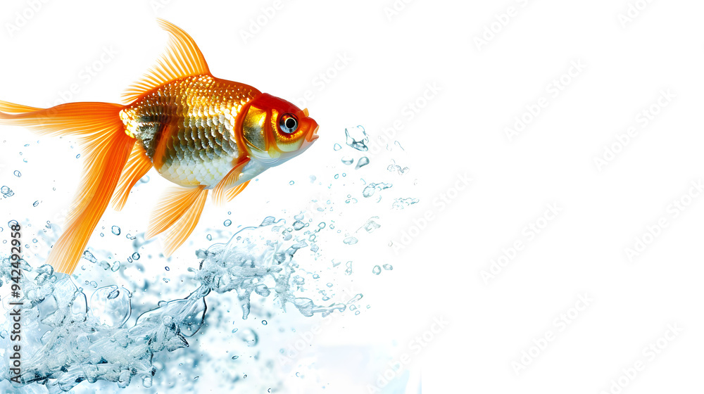 Fototapeta premium Goldfish Swimming in Splashing Water on White Background