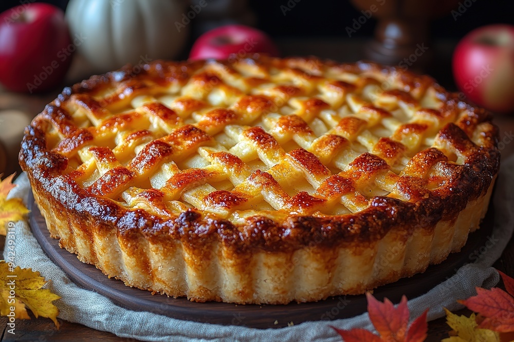 Apple pie decorated with lattice overhead shot, fall baking concept Apple pie decorated with lattice overhead shot, fall baking concept