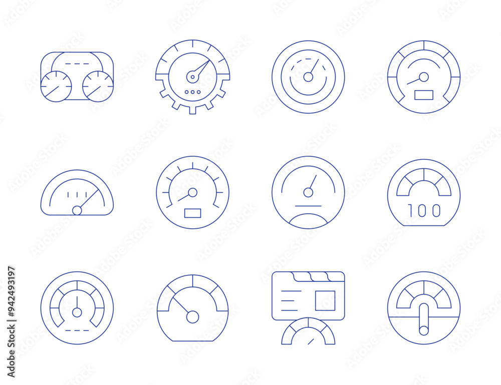 Speedometer icons. Thin Line style, editable stroke. speedometer, speed, efficiency, dashboard, speed limit, performance, car dashboard Speedometer icons. Thin Line style, editable stroke. speedometer, speed, efficiency, dashboard, speed limit, performance, car dashboard
