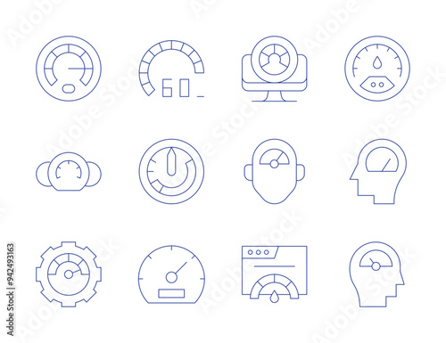 Speedometer icons. Thin Line style, editable stroke. speedometer, pressure, speed, airspeed indicator, performance, management