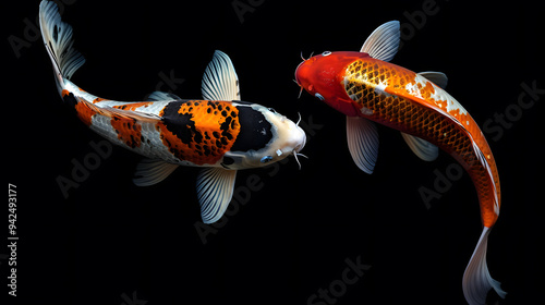 Two Koi Fish Swimming on isolataed Black Background