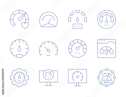 Speedometer icons. Thin Line style, editable stroke. speedometer, speedtest, metrics, performance, web, bandwidth, physical well being