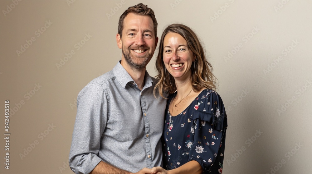 Highly detailed photograph of a husband and wife couple smiling and holding hands with a plain color background Highly detailed photograph of a husband and wife couple smiling and holding hands with a plain color background