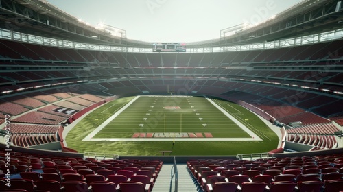 Empty stadium seats facing a green football field.