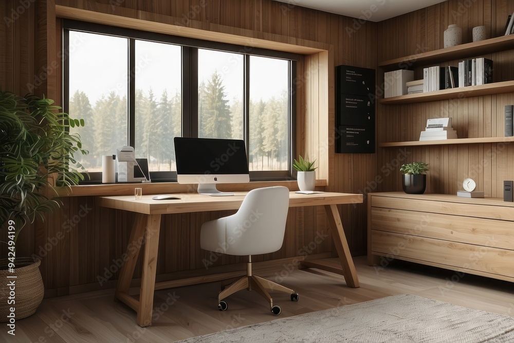 Modern Wooden Home Office with Window View and Desk Modern Wooden Home Office with Window View and Desk
