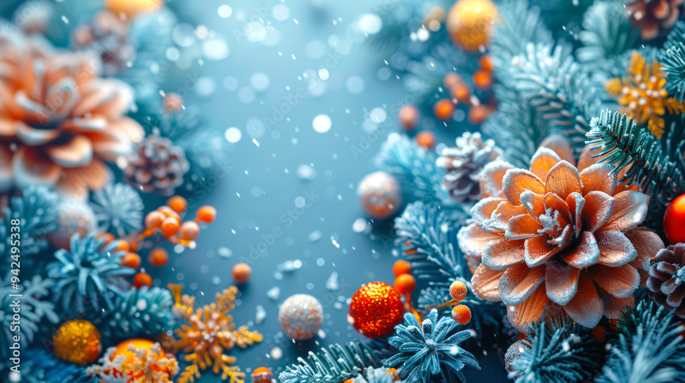A beautiful composition of pine cones, fir branches and Christmas decorations on a blue background. Merry Christmas and Happy New Year. The composition is festive and cheerful A beautiful composition of pine cones, fir branches and Christmas decorations on a blue background. Merry Christmas and Happy New Year. The composition is festive and cheerful