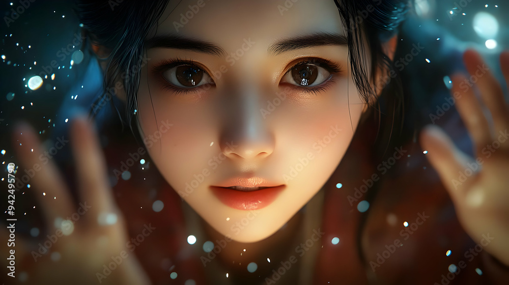 Close up portrait of a young woman with long black hair and brown eyes, looking at the camera. Her hands are outstretched towards the viewer, with sparkling lights surrounding her. Close up portrait of a young woman with long black hair and brown eyes, looking at the camera. Her hands are outstretched towards the viewer, with sparkling lights surrounding her.