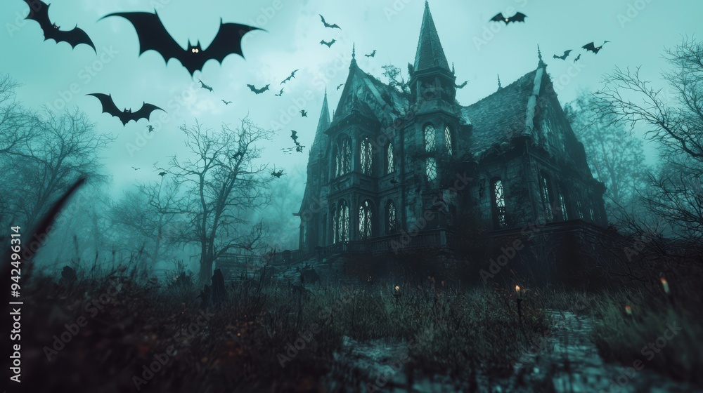 Haunting image of a dark mansion surrounded by bats, creating a spooky atmosphere perfect for Halloween themes. Haunting image of a dark mansion surrounded by bats, creating a spooky atmosphere perfect for Halloween themes.