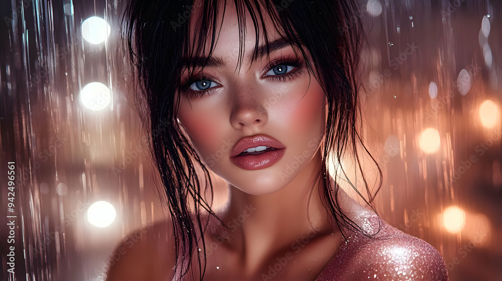 Close up portrait of a young woman with wet hair and sparkling skin, in front of a background of water droplets and warm lights.