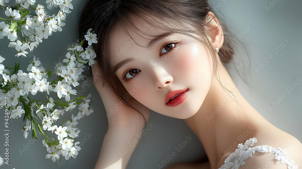 Close up portrait of a young woman with white blossoms. Close up portrait of a young woman with white blossoms.