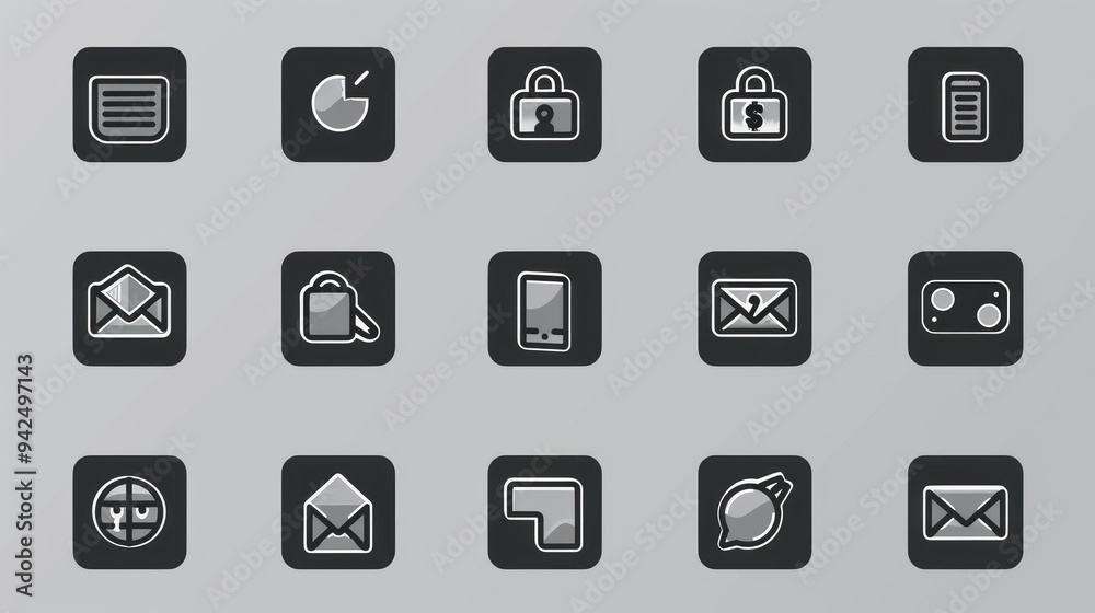 Black and white app icons on gray background. Black and white app icons on gray background.