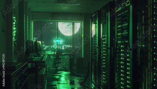 Dark and eerie data center hallway with rows of glowing green computer equipment, leading to an office where the window is dimly lit by moonlight. The room's atmosphere exudes mystery as if it was hau