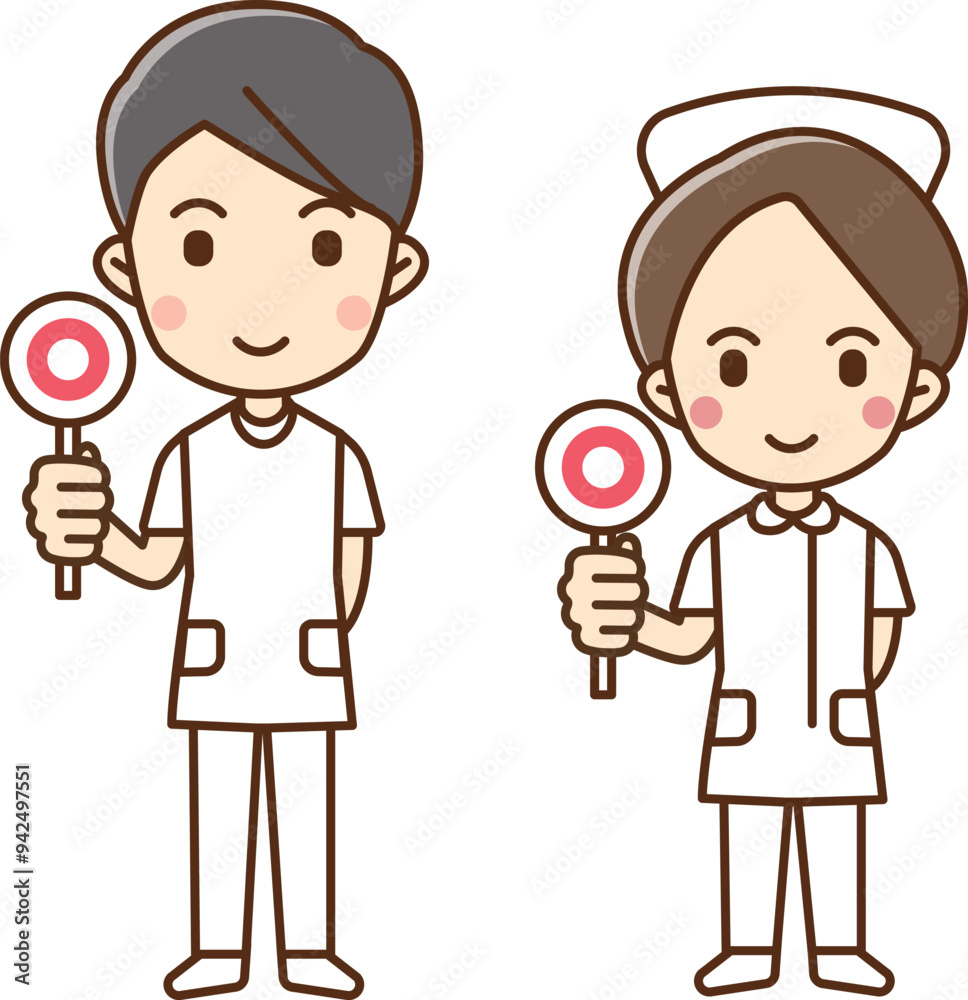 Illustration of a health care worker holding a tag with a circle symbol. Illustration of a health care worker holding a tag with a circle symbol.