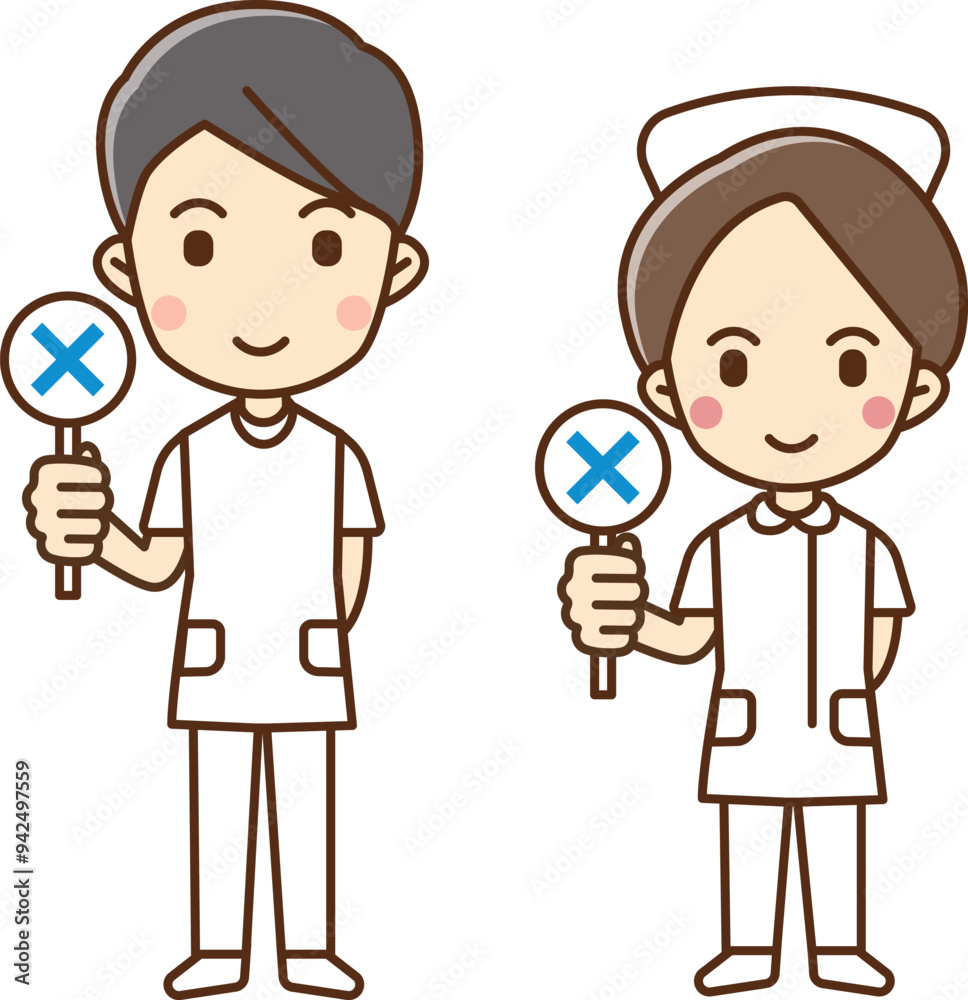 Illustration of a male and female health care worker holding a tag with the x symbol on it. Illustration of a male and female health care worker holding a tag with the x symbol on it.