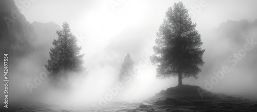 Trees in a Misty Mountain Landscape