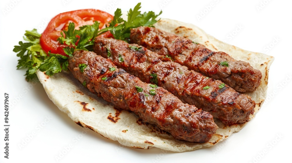 Turkish kebab isolated on white background. Turkish name; Kebap or adana kebap