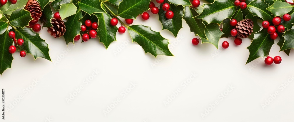 Festive Holly Sprigs and Berries Border on White Background Festive Holly Sprigs and Berries Border on White Background