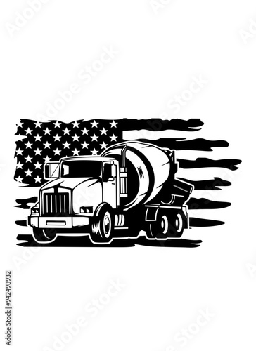 US Concrete Mixer | Cement Mixer | Construction Truck | Patriotic Vehicle | US Flag | Skilled Driver | Heavy Vehicle | Truck Driver | Original Illustration | Vector and Clipart | Cutfile and Stencil photo