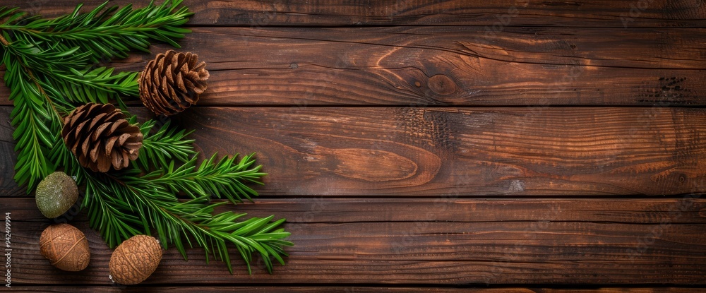 Rustic Wooden Background with Pine Branches and Cones Rustic Wooden Background with Pine Branches and Cones