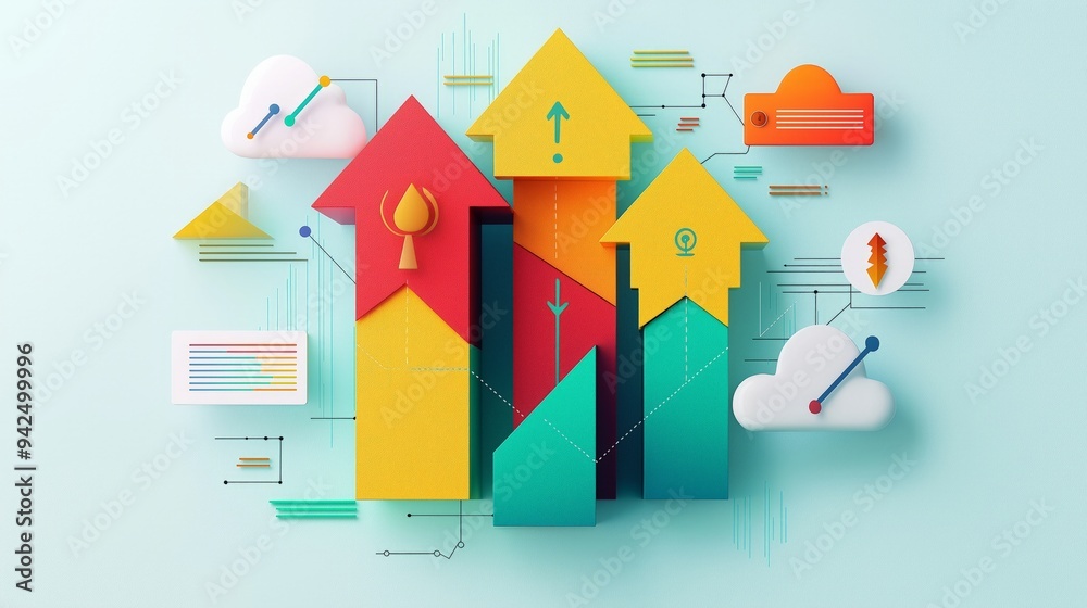 Colorful 3D arrows symbolize growth and progress in business, showcasing data analysis, strategy, and innovation. Colorful 3D arrows symbolize growth and progress in business, showcasing data analysis, strategy, and innovation.