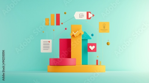 Colorful 3D infographic with bar graphs, icons, and data elements on a bright background representing growth and analysis.