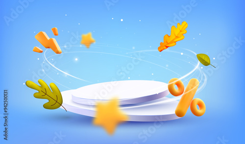 Autumn sale podium with falling leaves and discount tags. Fall sale advertising banner. Thanksgiving or seasonal marketing materials. Vector illustration on blue background.