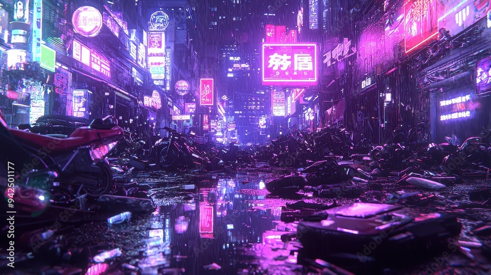 Fototapeta premium Neon City Street with Motorcycles and Rain