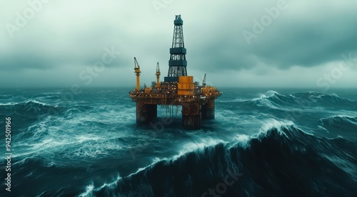 Aerial view of a solitary oil rig amidst tumultuous waves, surrounded by dark, overcast skies. The drone captures the harsh reality of oceanic energy extraction.