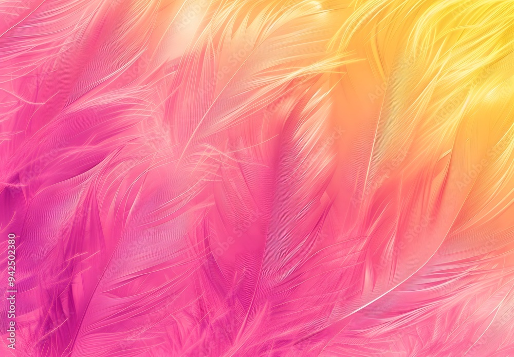 Vibrant pink and yellow gradient background with feather texture for a festive touch. The soft, fluffy feathers add an artistic feel to the design, creating a visually appealing and dynamic wallpaper 