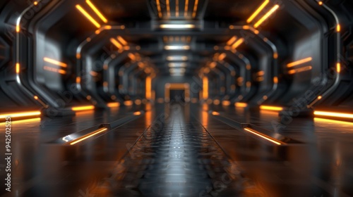 A futuristic sci-fi corridor with sleek metallic walls and orange lights, creating an immersive and high-tech atmosphere.