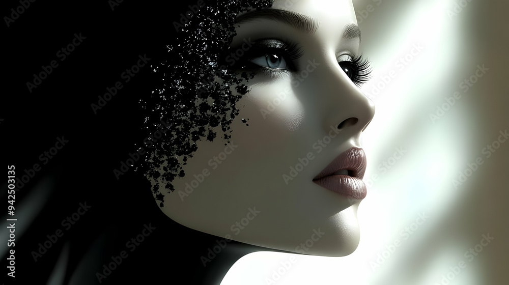 Close-up of a woman's face with dark makeup and glitter.