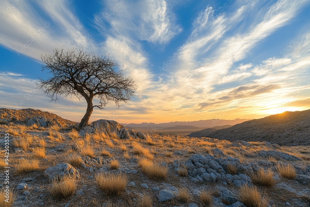 single tree, beautiful blue sky at desert with cloudy shapes, moor and rocks at sunset , ai single tree, beautiful blue sky at desert with cloudy shapes, moor and rocks at sunset , ai