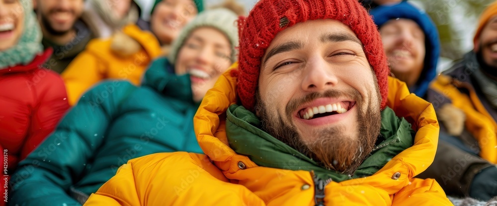Happy Man with Friends in Winter Happy Man with Friends in Winter