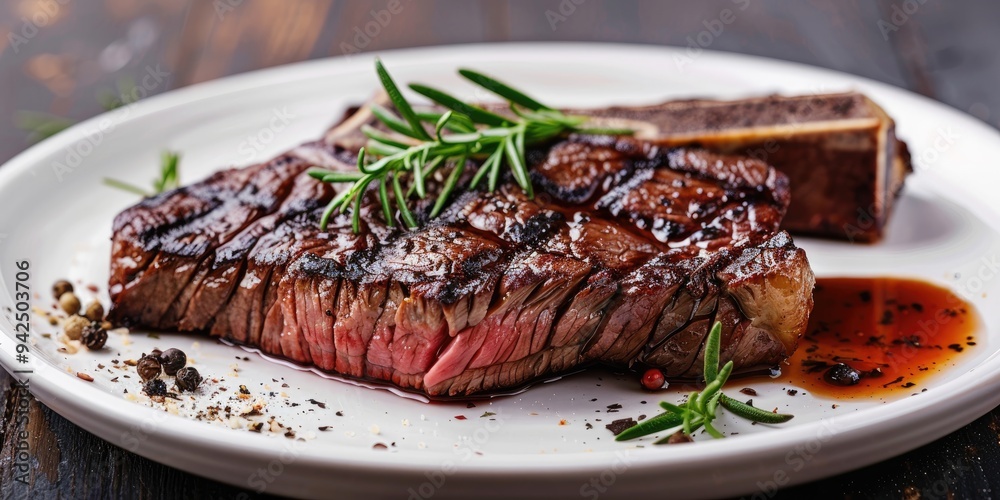 Beef steak cooked on a grill displayed on a light-colored plate. Beef steak cooked on a grill displayed on a light-colored plate.